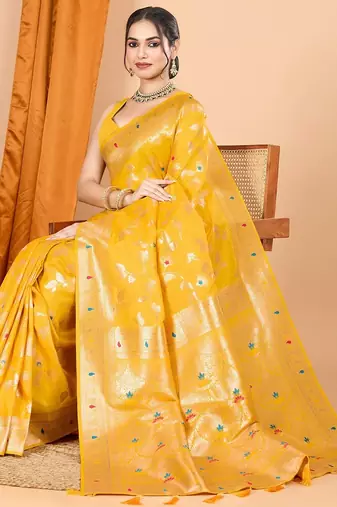Yellow woven self design embellished pure silk banarasi saree with blouse