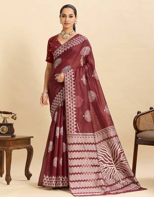 Maroon floral print soft silk bollywood saree with blouse 1