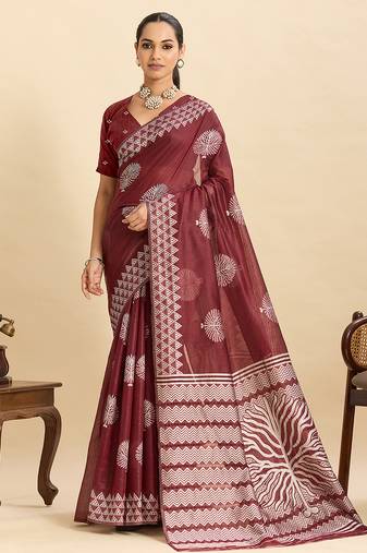 Maroon floral print soft silk bollywood saree with blouse