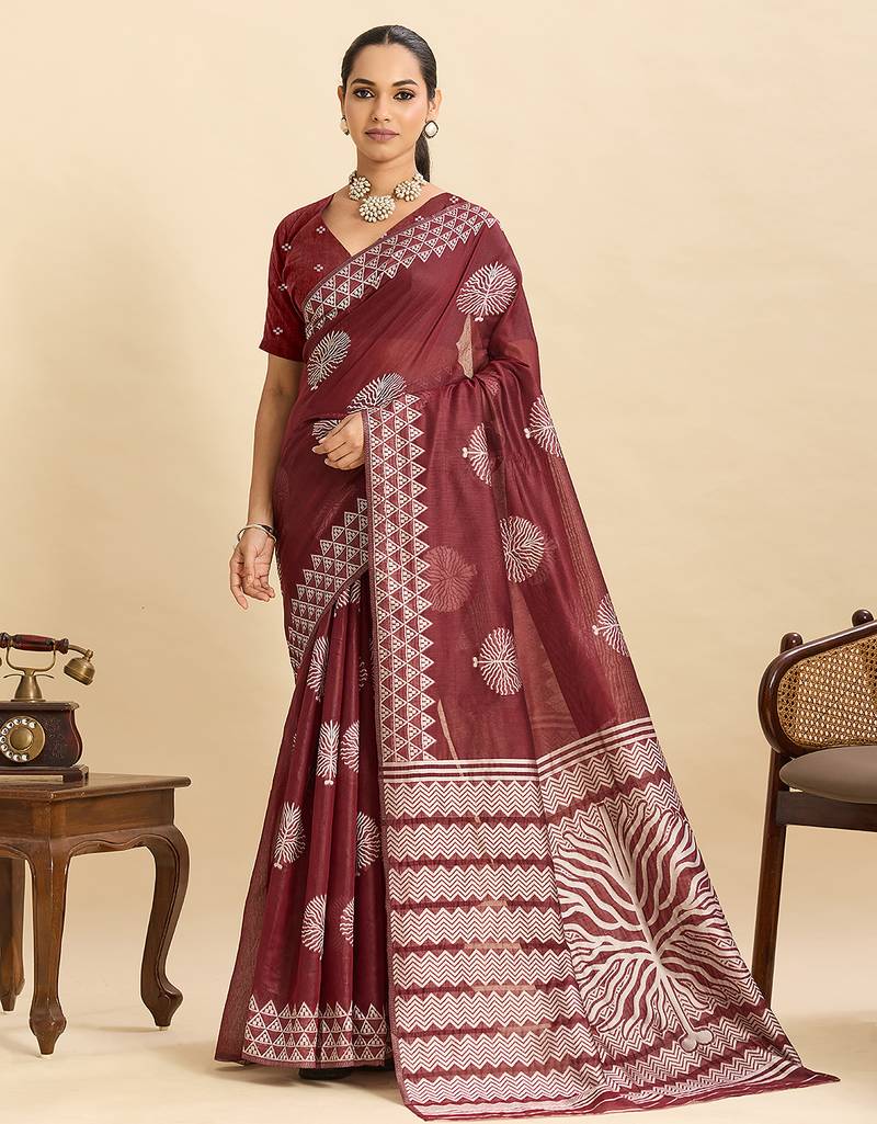 Maroon floral print soft silk bollywood saree with blouse
