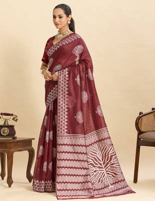Maroon floral print soft silk bollywood saree with blouse 3