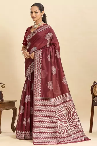 Maroon floral print soft silk bollywood saree with blouse