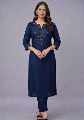 Navy embroidered rayon kurta set 4