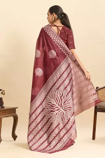Maroon floral print soft silk bollywood saree with blouse