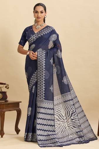 Navy blue floral print soft silk bollywood saree with blouse