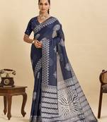 Navy blue floral print soft silk bollywood saree with blouse