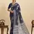 Navy blue floral print soft silk bollywood saree with blouse
