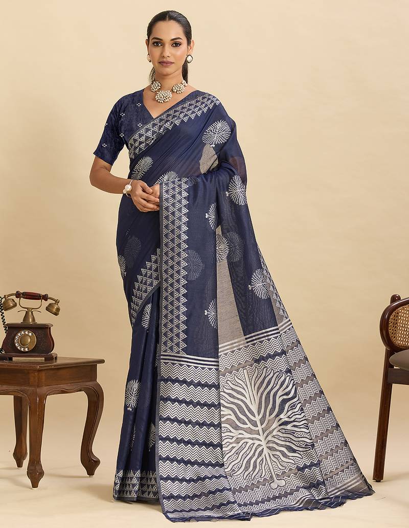 Navy blue floral print soft silk bollywood saree with blouse