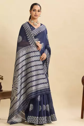 Navy blue floral print soft silk bollywood saree with blouse