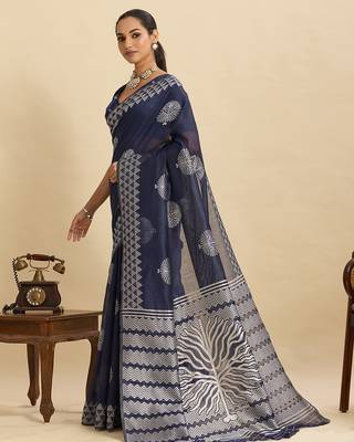 Navy blue floral print soft silk bollywood saree with blouse 3