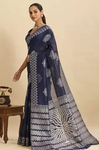 Navy blue floral print soft silk bollywood saree with blouse