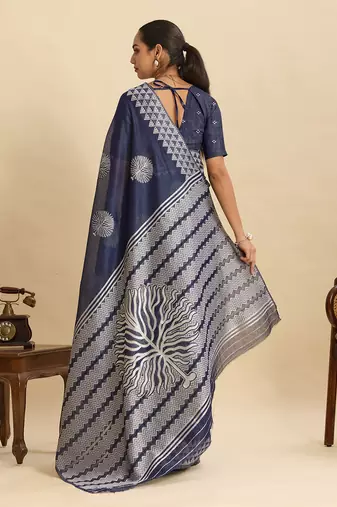 Navy blue floral print soft silk bollywood saree with blouse