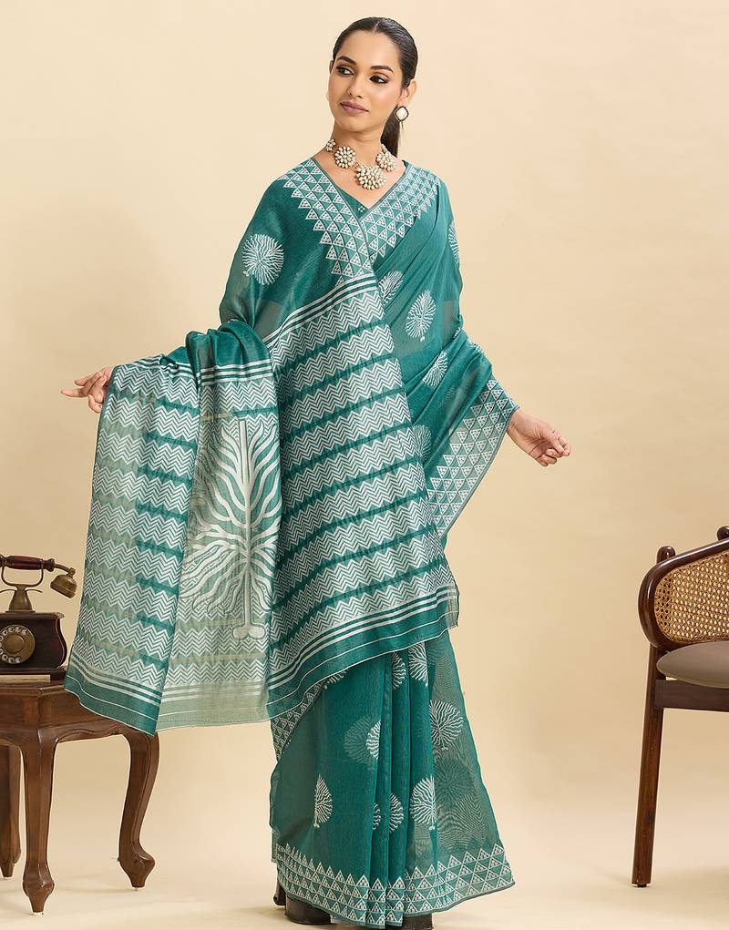 Teal green floral print soft silk bollywood saree with blouse