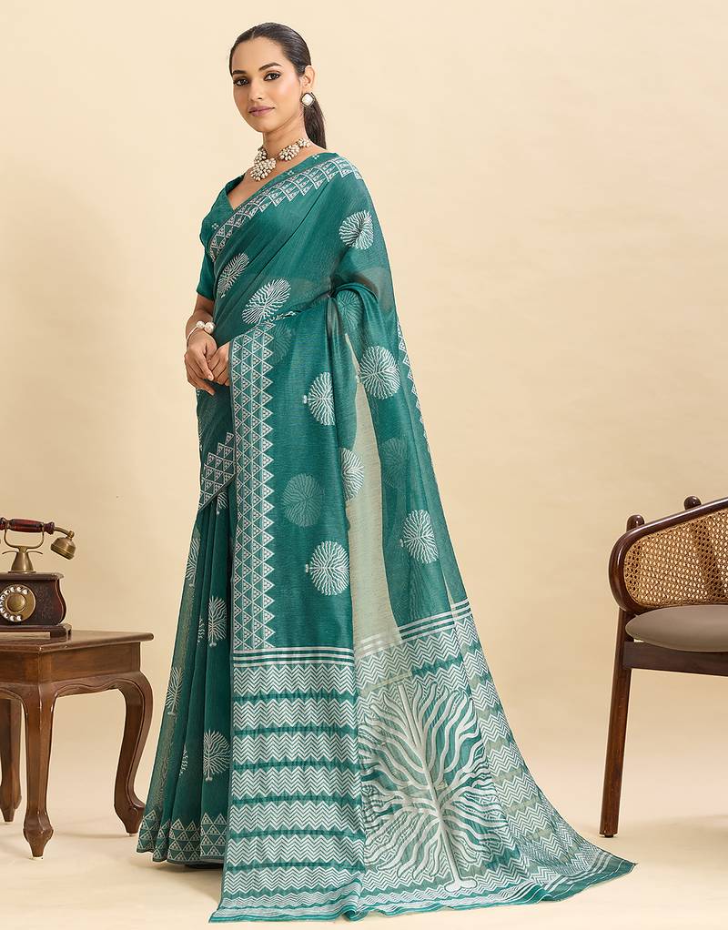 Teal green floral print soft silk bollywood saree with blouse