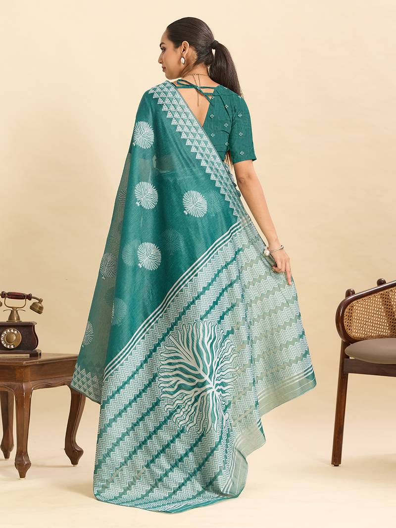 Teal green floral print soft silk bollywood saree with blouse