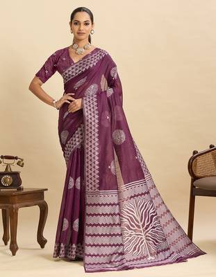 Wine floral print soft silk bollywood saree with blouse 1