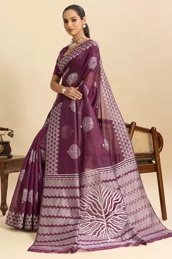 Wine floral print soft silk bollywood saree with blouse