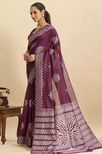 Wine floral print soft silk bollywood saree with blouse
