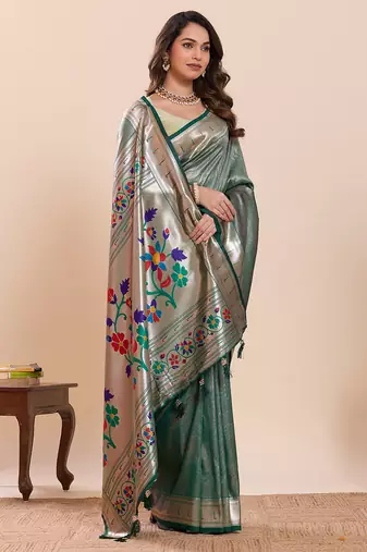 Green floral print pure soft silk paithani saree with blouse