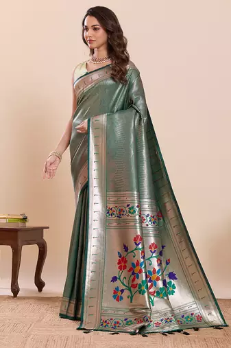 Green floral print pure soft silk paithani saree with blouse