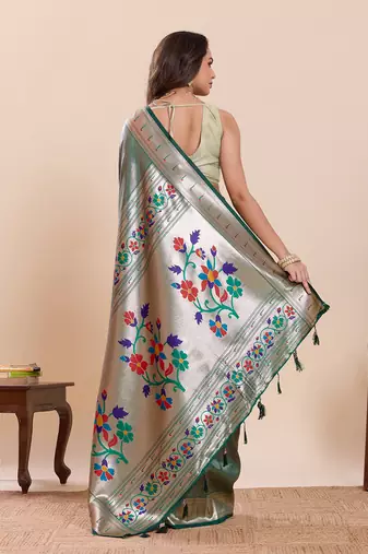 Green floral print pure soft silk paithani saree with blouse