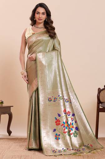 Light green floral print pure soft silk paithani saree with blouse