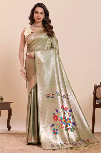 Light green floral print pure soft silk paithani saree with blouse