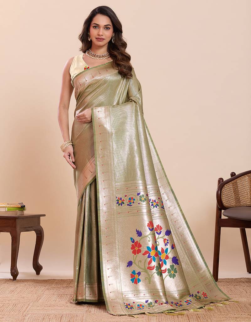 Light green floral print pure soft silk paithani saree with blouse