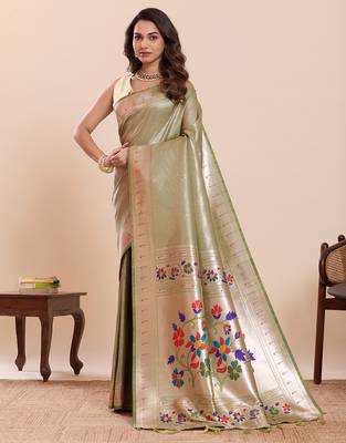 Light green floral print pure soft silk paithani saree with blouse 3