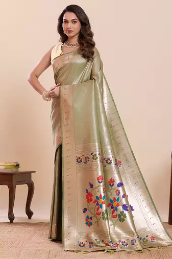 Light green floral print pure soft silk paithani saree with blouse