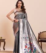 Navy blue floral print pure soft silk paithani saree with blouse