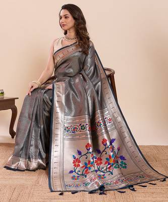 Navy blue floral print pure soft silk paithani saree with blouse 2
