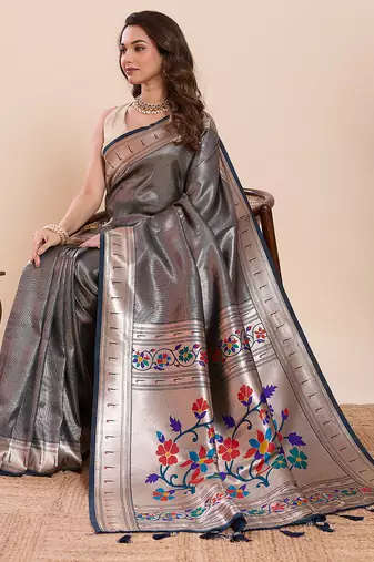 Navy blue floral print pure soft silk paithani saree with blouse