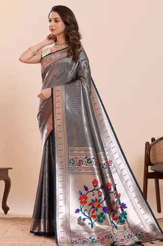 Navy blue floral print pure soft silk paithani saree with blouse