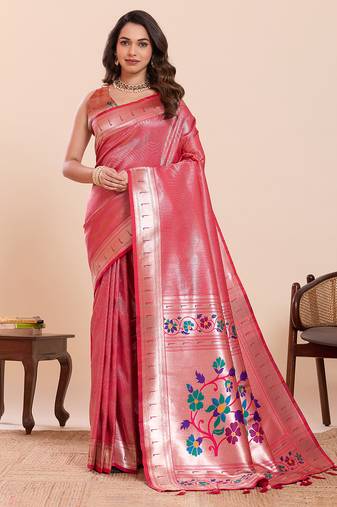 Pink floral print pure soft silk paithani saree with blouse