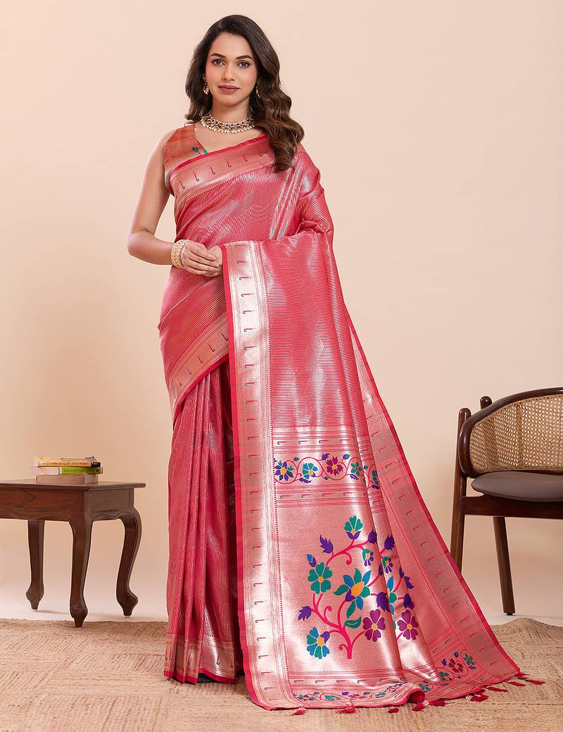 Pink floral print pure soft silk paithani saree with blouse