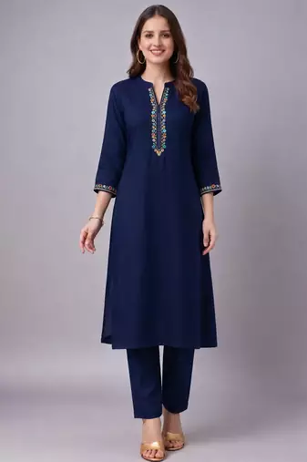 Navy embroidered rayon kurta set