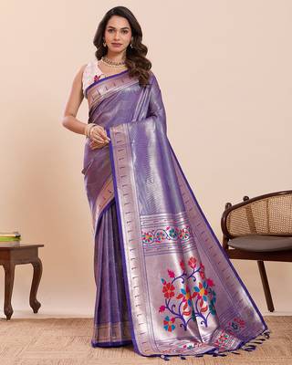 Purple floral print pure soft silk paithani saree with blouse 1