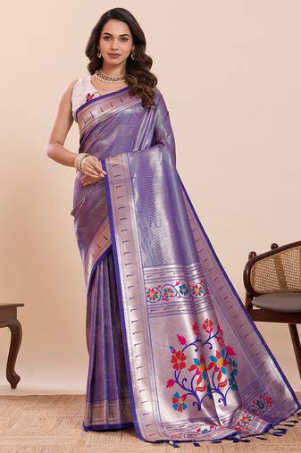 Purple floral print pure soft silk paithani saree with blouse
