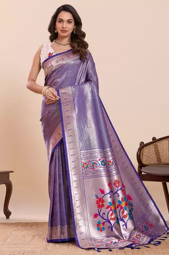 Purple floral print pure soft silk paithani saree with blouse