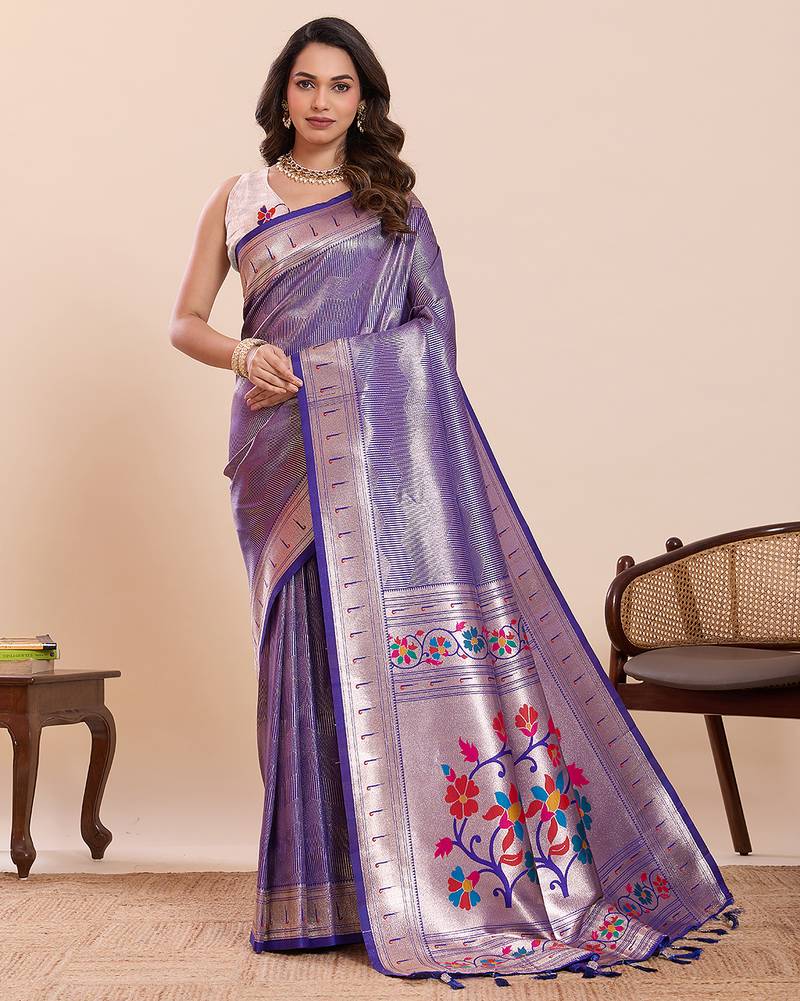 Purple floral print pure soft silk paithani saree with blouse