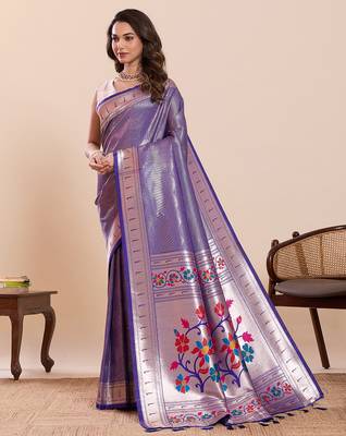 Purple floral print pure soft silk paithani saree with blouse 3