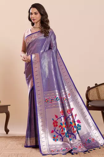 Purple floral print pure soft silk paithani saree with blouse