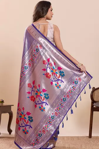 Purple floral print pure soft silk paithani saree with blouse