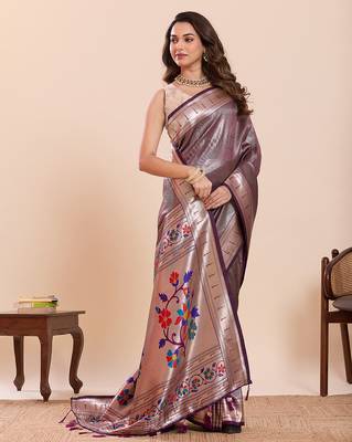 Wine floral print pure soft silk paithani saree with blouse 2
