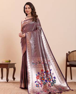 Wine floral print pure soft silk paithani saree with blouse 3