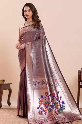 Wine floral print pure soft silk paithani saree with blouse