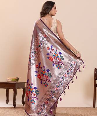 Wine floral print pure soft silk paithani saree with blouse 4