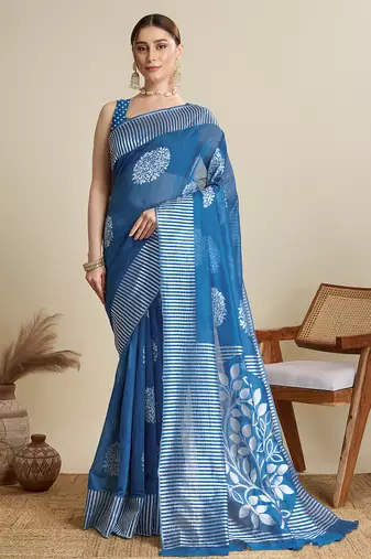Blue floral print silk blend bollywood saree with blouse