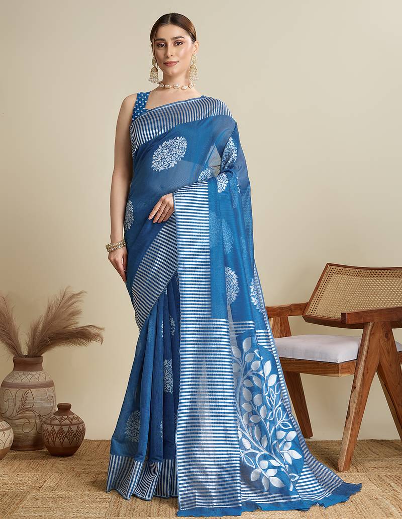 Blue floral print silk blend bollywood saree with blouse